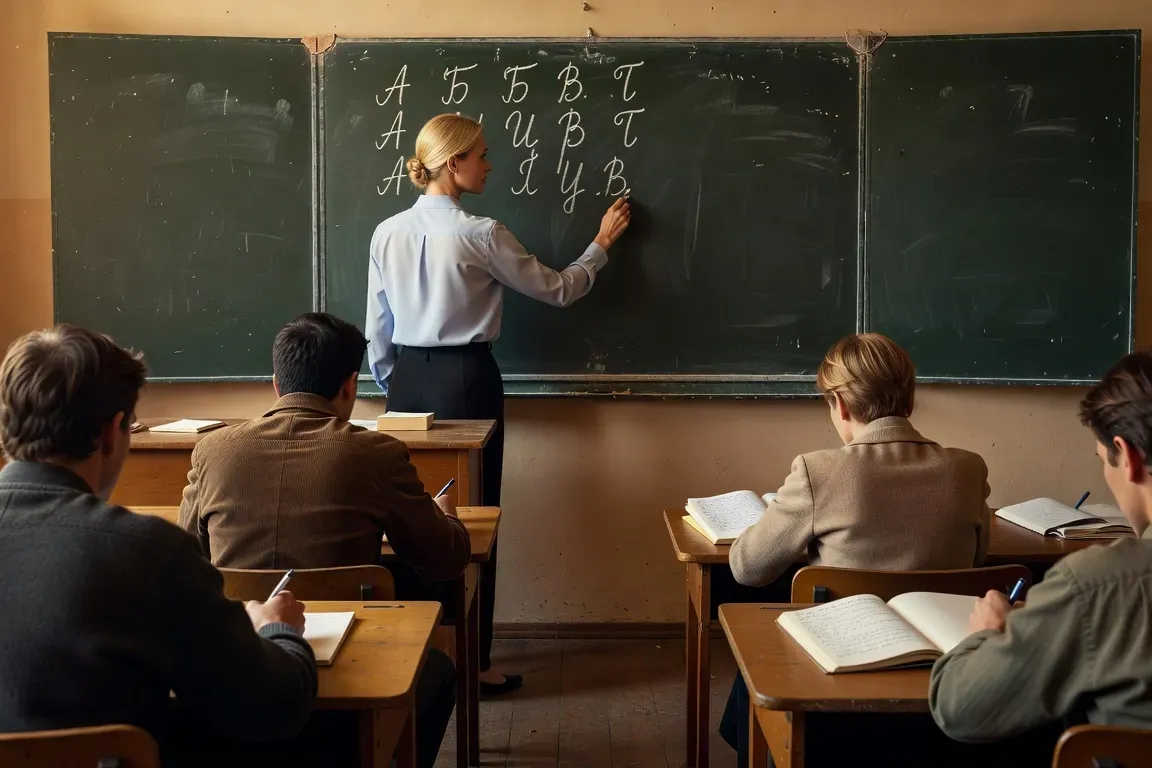 Cours de russe en classe avec professeur slave écrivant des lettres cyrilliques au tableau