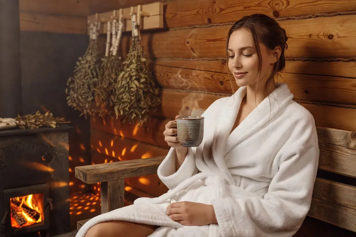 Femme en peignoir blanc se relaxant après la banya, thé à la main, ambiance spa