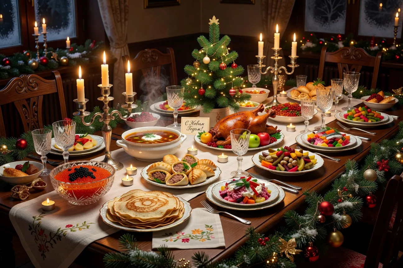 Table de réveillon du Nouvel An russe dressée avec mets traditionnels et décorations festives