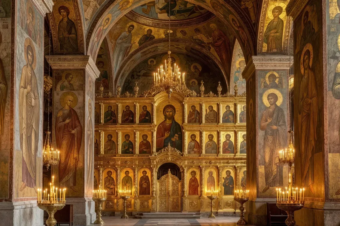 Intérieur de la Cathédrale de l'Assomption du Kremlin avec fresques dorées et iconostase