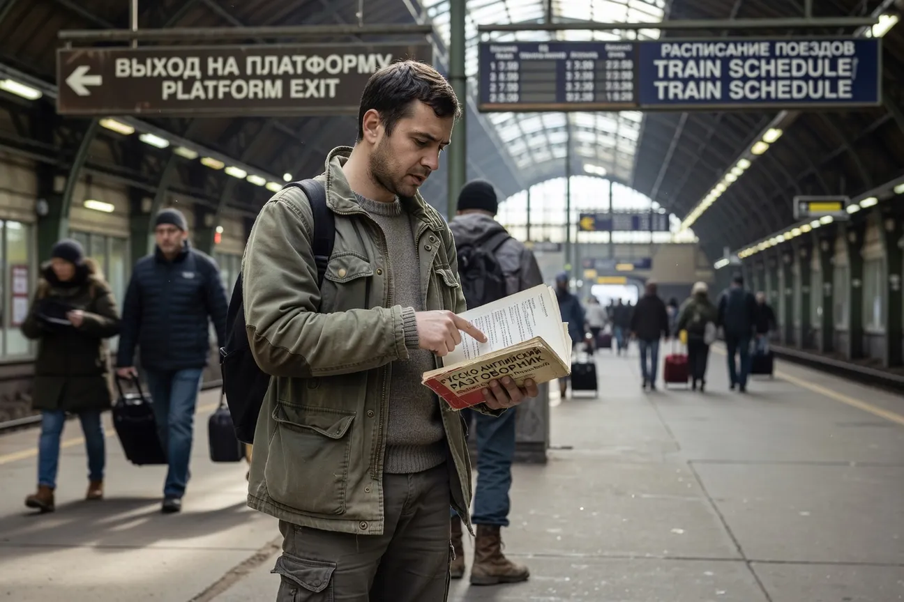 Voyageur consultant un guide de conversation russe-français dans une gare