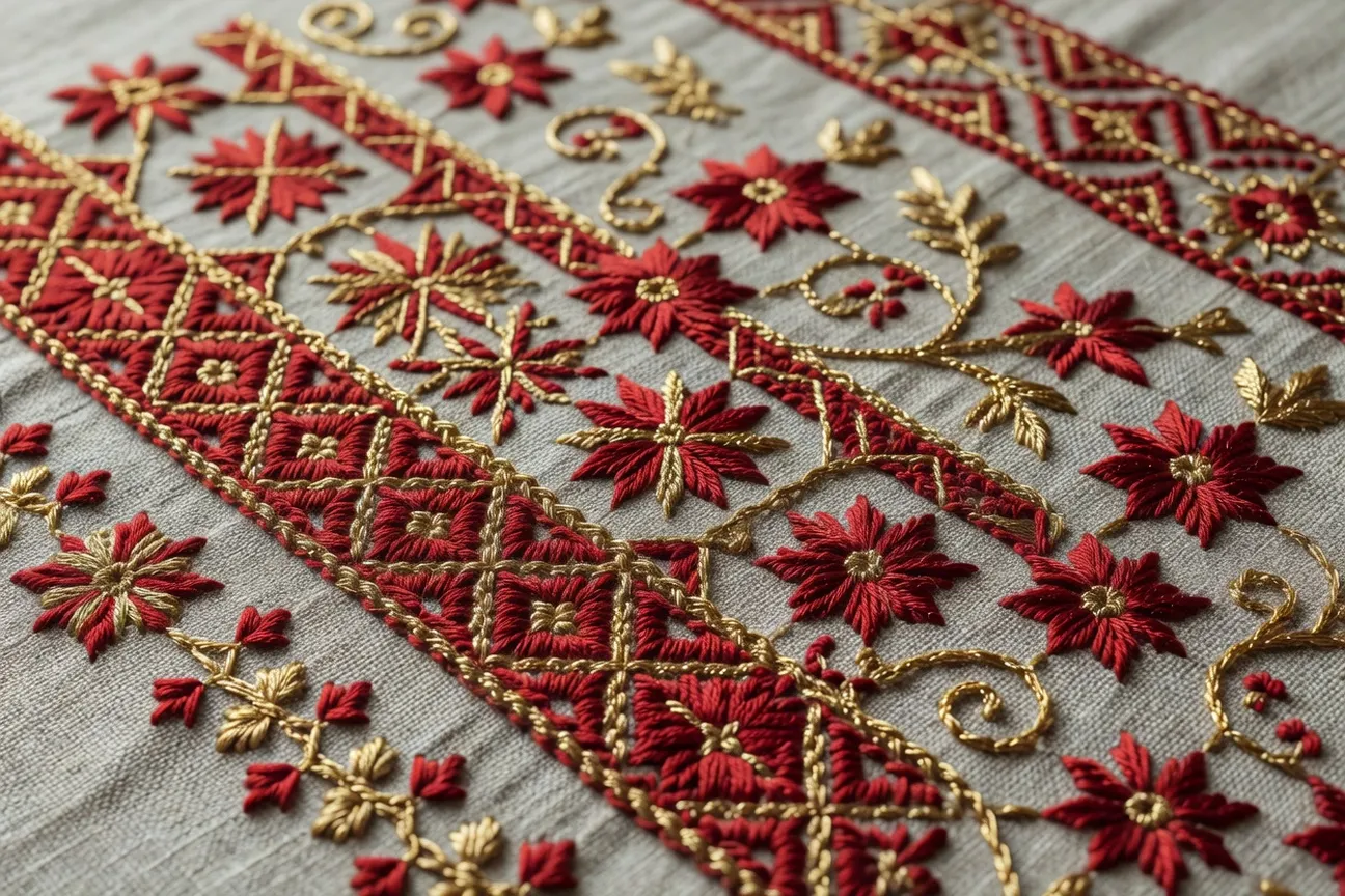 Détail de broderie traditionnelle russe sur textile, motifs géométriques et floraux colorés
