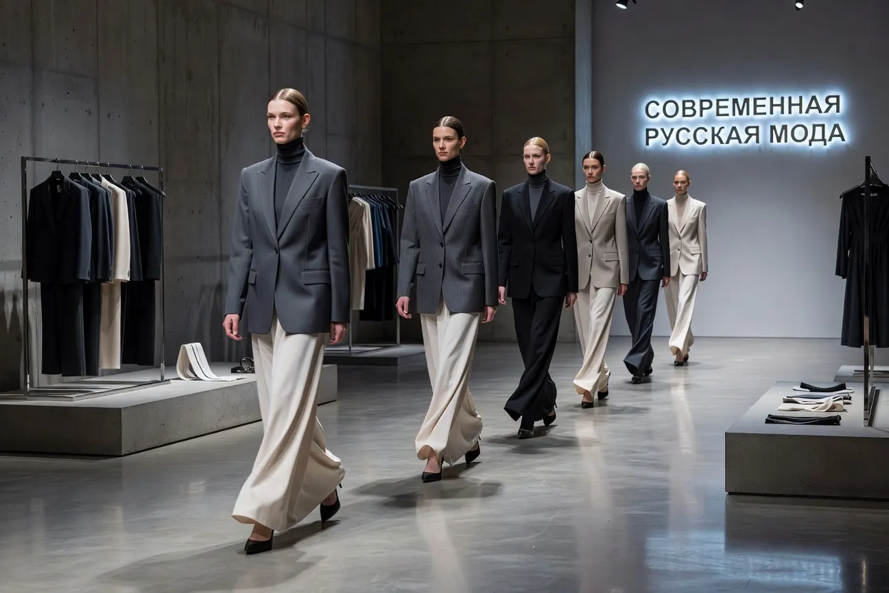 Défilé de mode contemporaine russe avec mannequins en tenues design dans une boutique moscovite