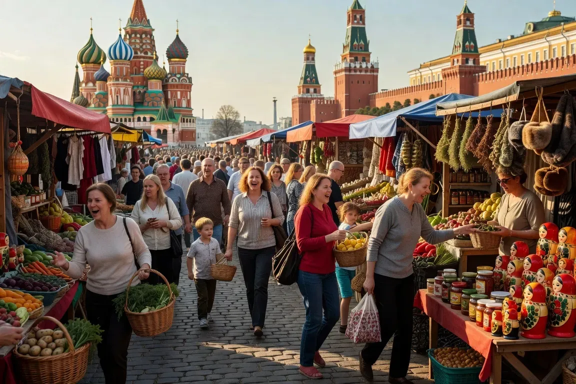 Marché bondé en plein centre de Moscou avec des passants slaves dans une rue commerçante typique