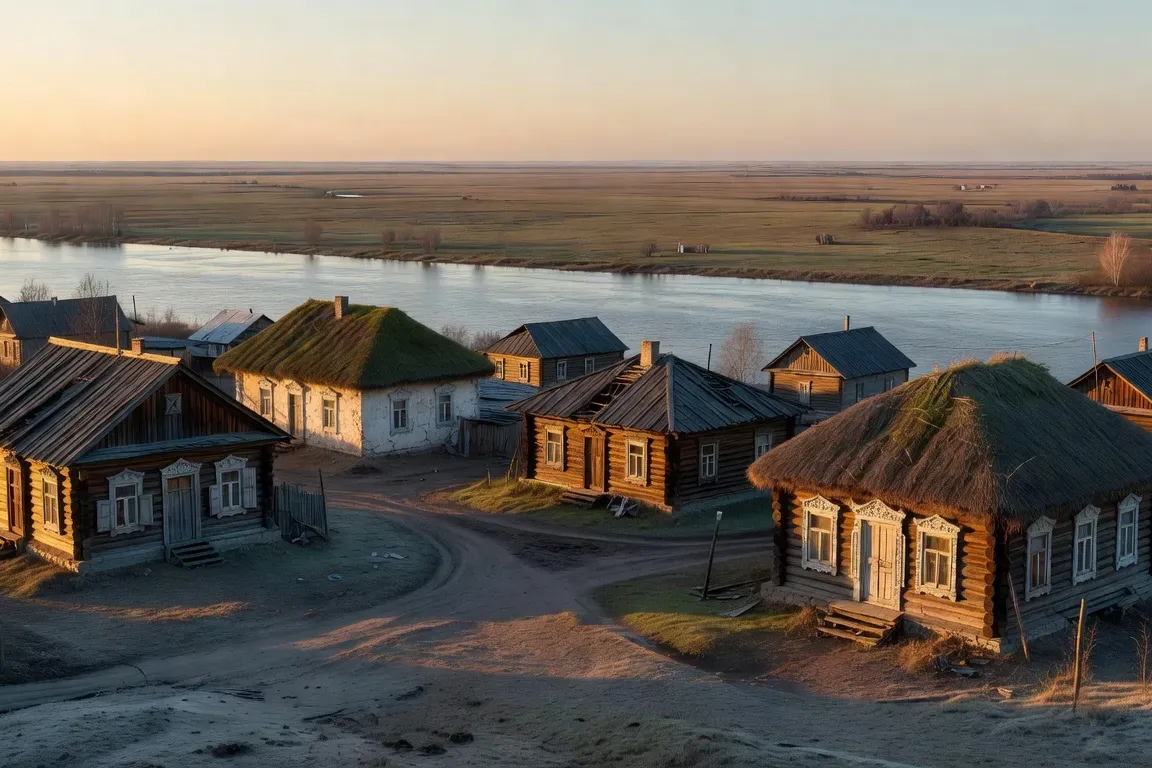Petit village russe vide le long de la Volga avec des izbas en bois sous une lumière dorée
