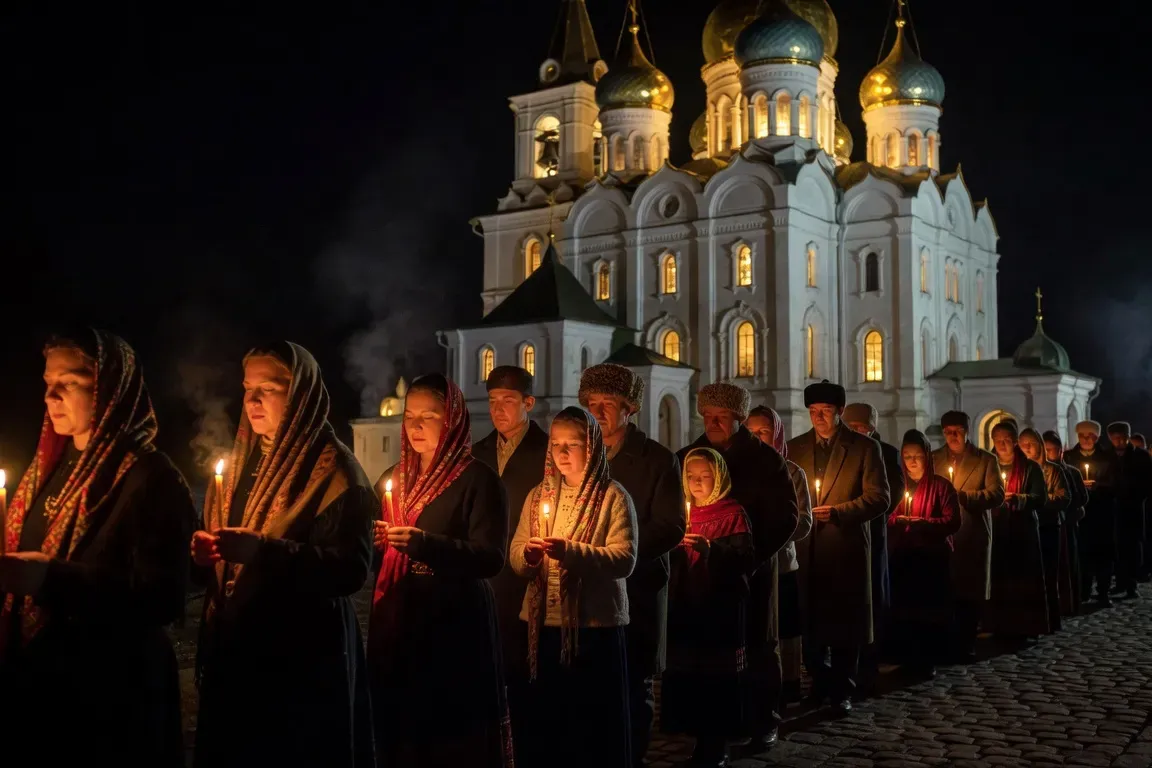 Cortège de Pâques orthodoxe nocturne avec bougies allumées et fidèles devant une église