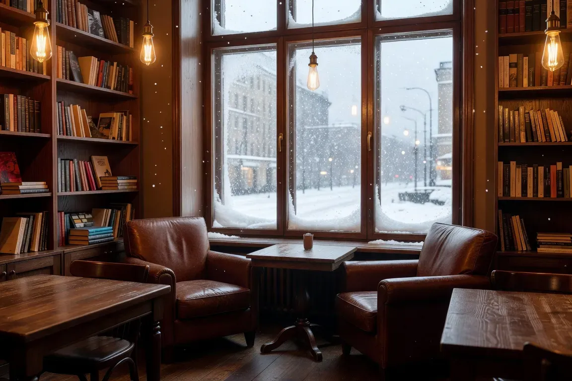 Café cosy moscovite en hiver avec lumière chaude et fenêtre donnant sur la neige