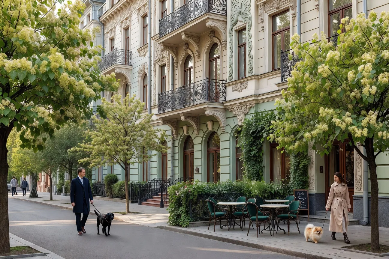 Quartier Patriarchie au printemps avec façades art-nouveau
