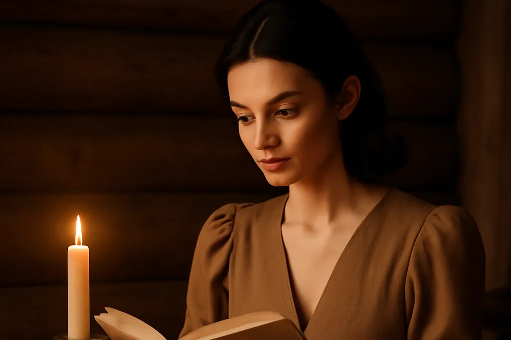 Femme lisant un livre ancien de contes russes illustrés à la lueur d'une bougie