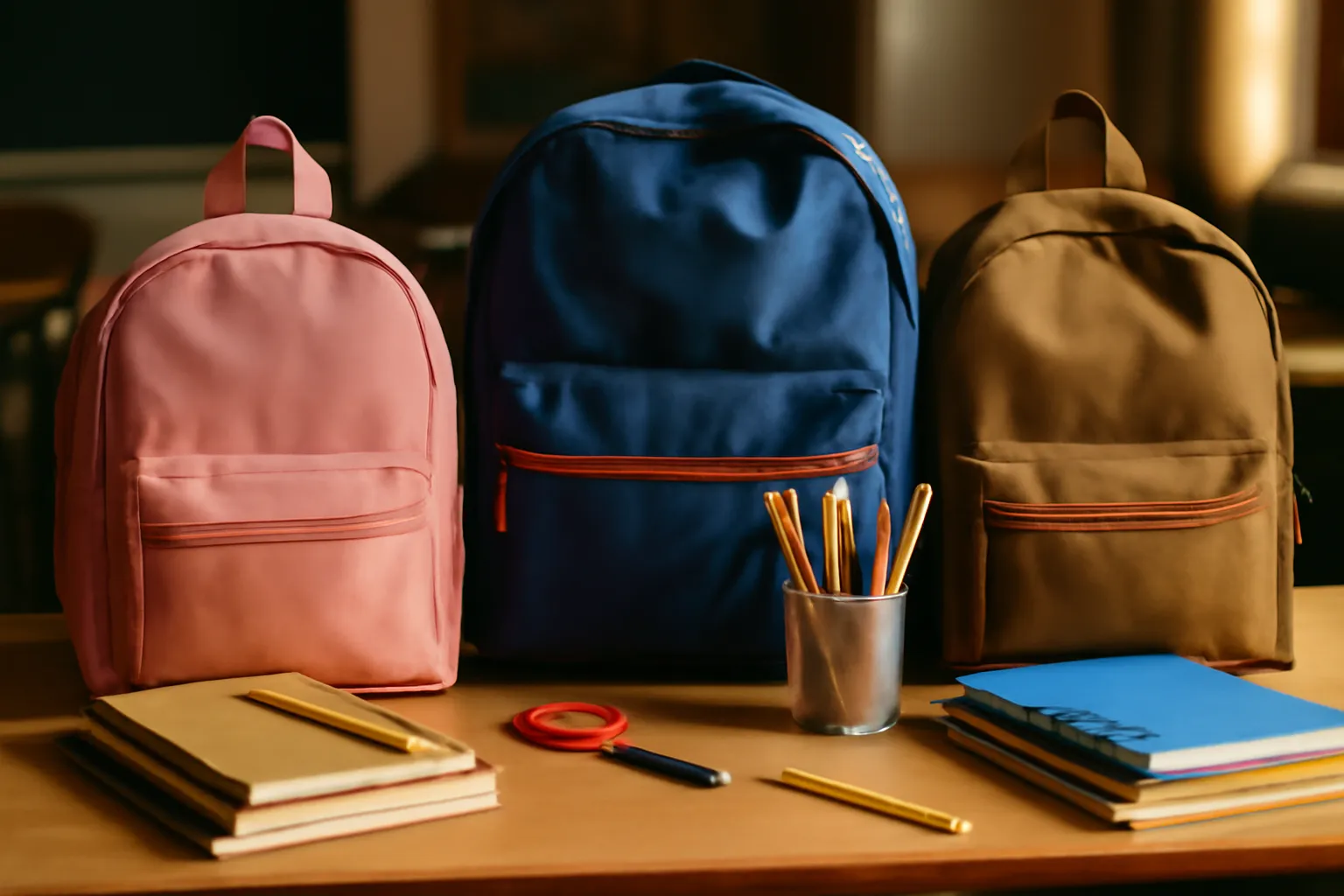 Fournitures scolaires et cartable préparés sur une table avant la rentrée