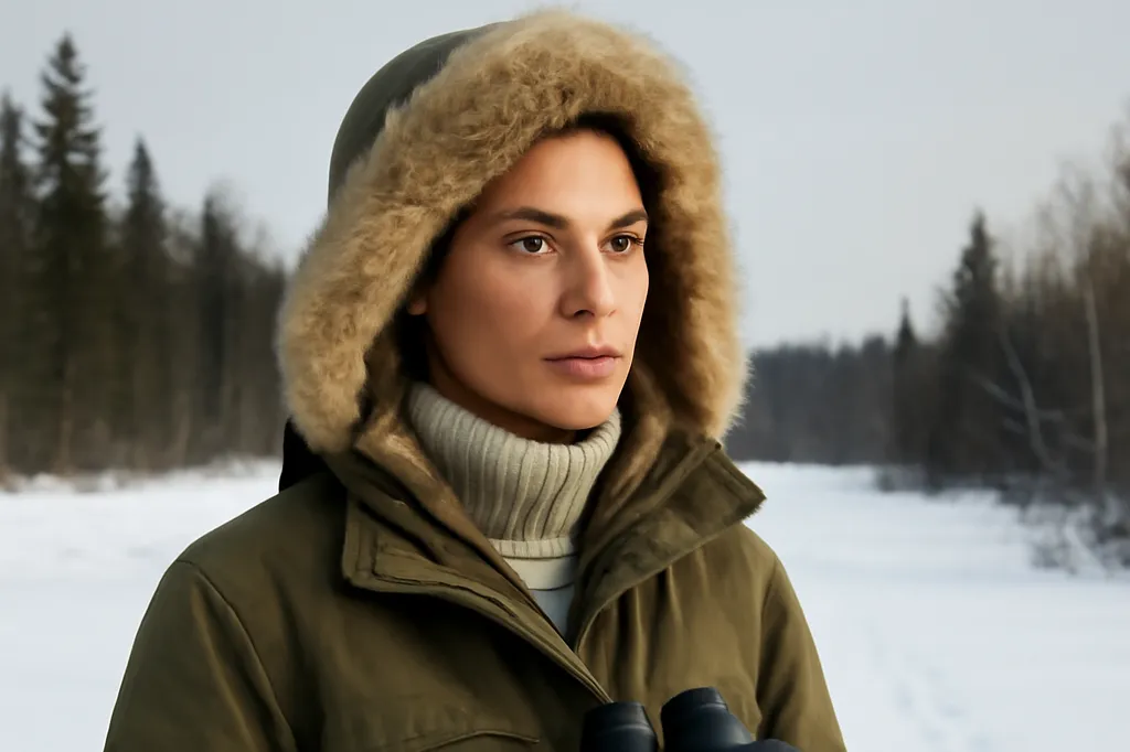 Chercheuse en tenue d'hiver observant la taïga enneigée avec des jumelles près du lac Baïkal
