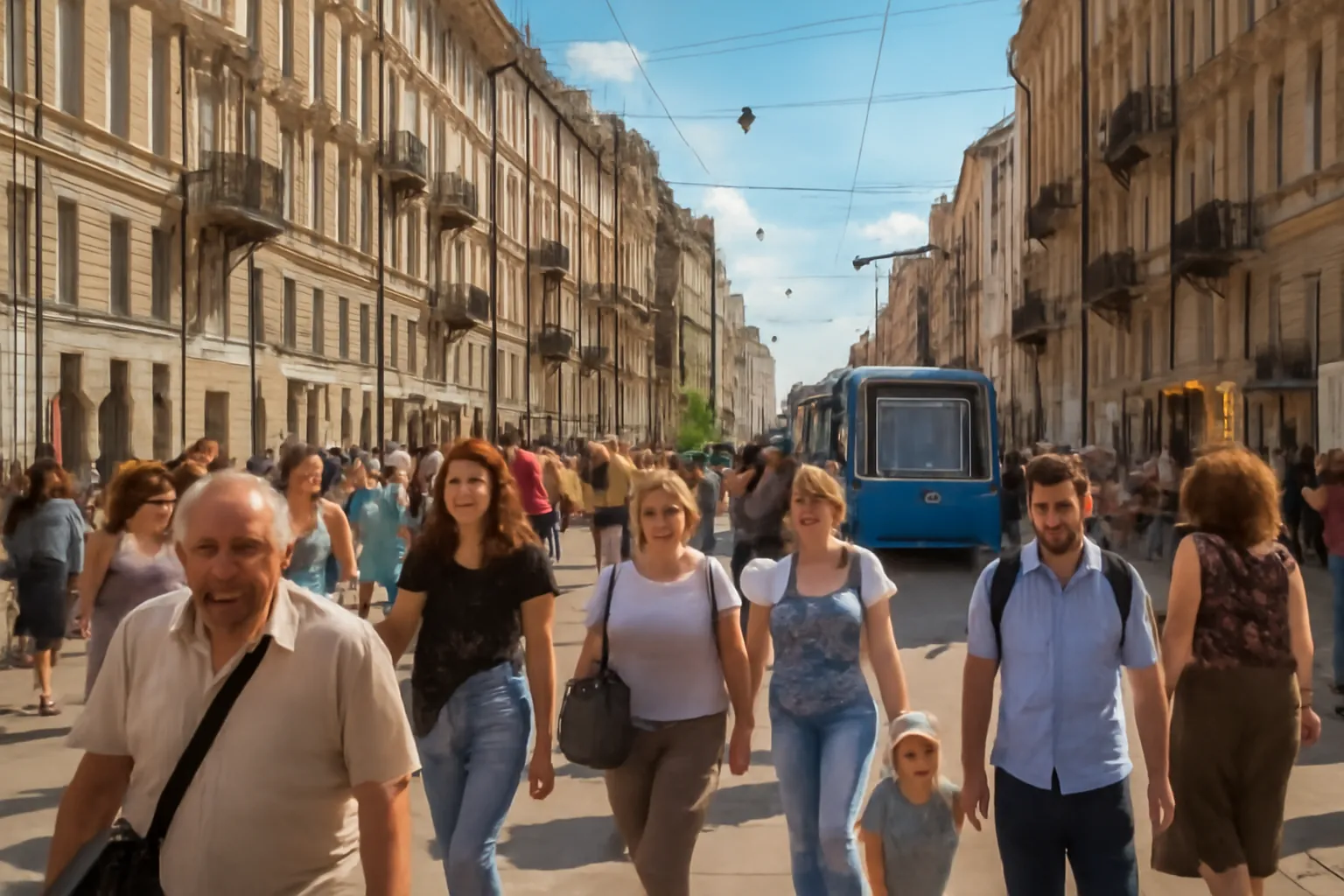 Passants marchant dans une rue commerçante animée d'une grande ville russe