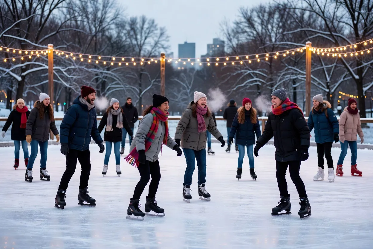 Personnes patinant sur une patinoire extérieure publique dans un parc en hiver