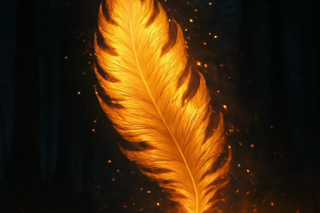 Plume dorée lumineuse évoquant l'Oiseau de feu du folklore russe, sur fond de forêt sombre