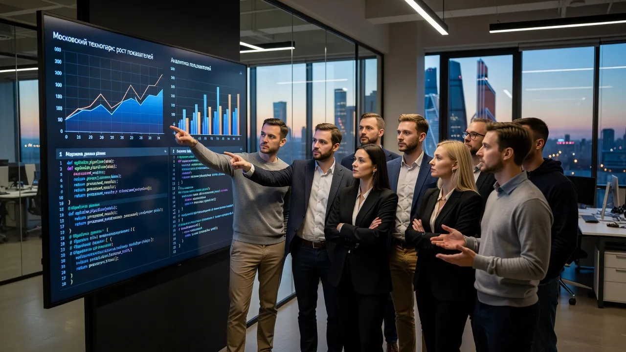 Une équipe d'ingénieurs analyse des graphiques de croissance utilisateur dans un bureau à Moscou