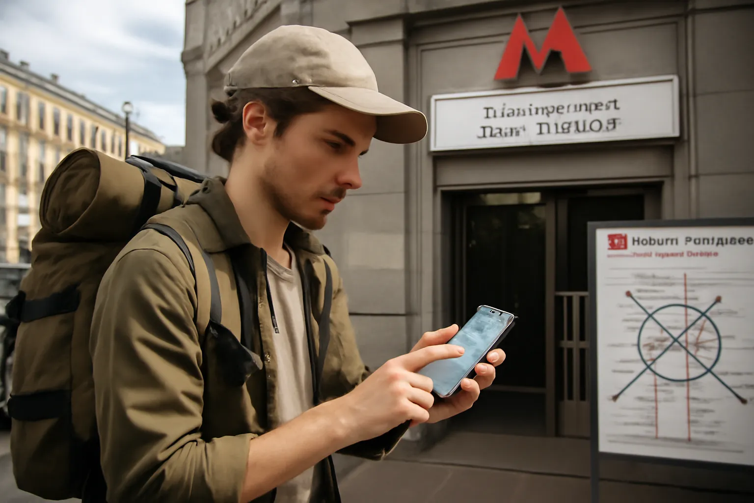 Un voyageur consulte une application de cartographie près d'une station de métro dans une ville russe