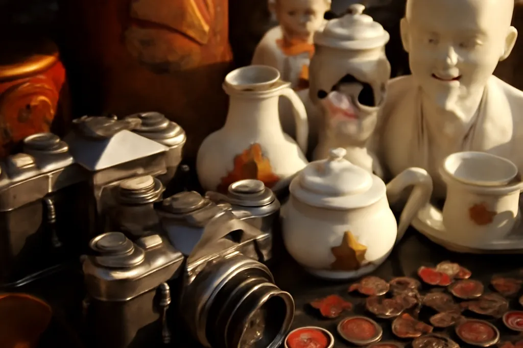 Étal de brocante avec appareils photo anciens, théières en porcelaine et pièces soviétiques d'occasion