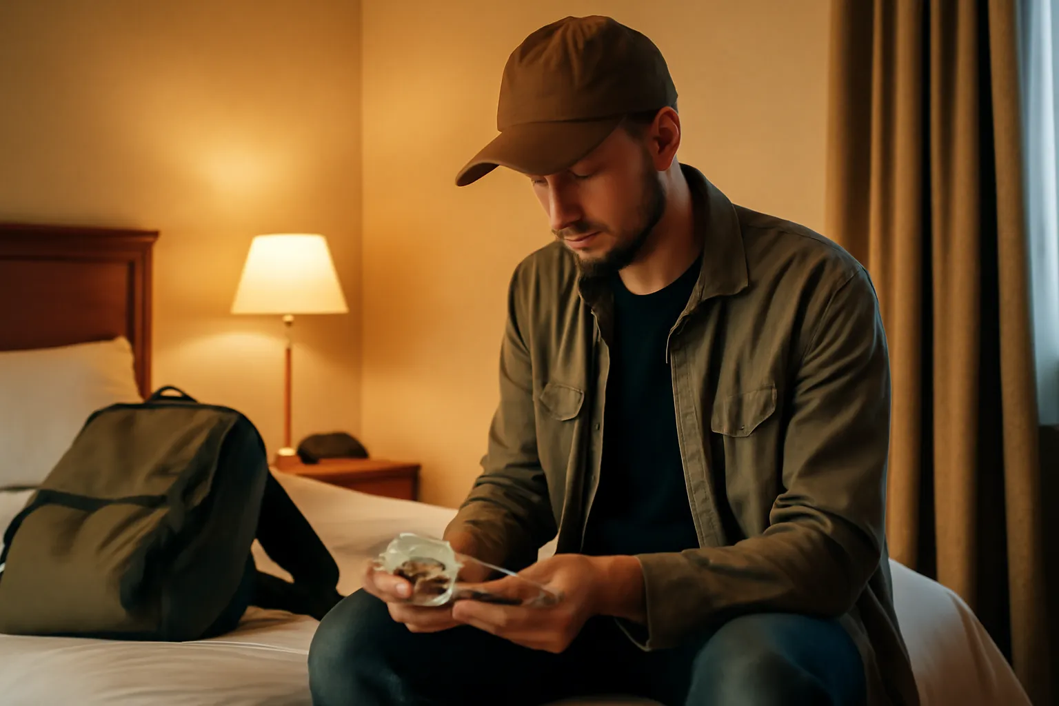 Voyageur comptant discrètement des billets dans une chambre d'hôtel