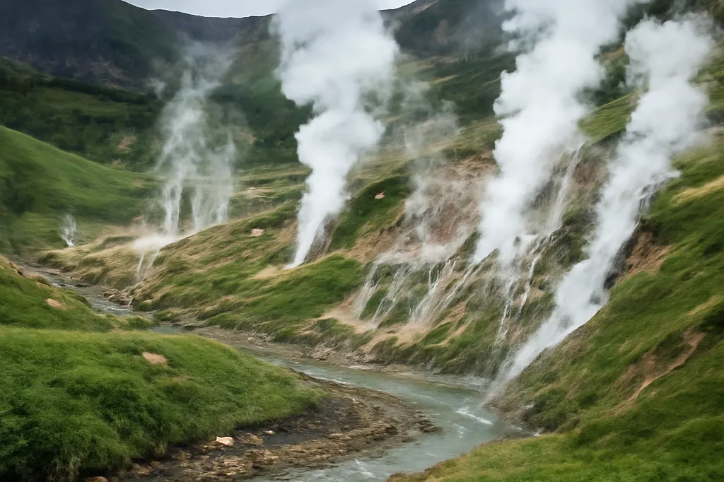 Vallée des geysers du Kamtchatka avec vapeur s'échappant des sources géothermiques