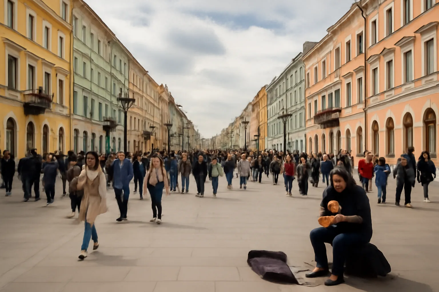 Promeneurs sur une avenue piétonne de Saint-Pétersbourg bordée de façades pastel