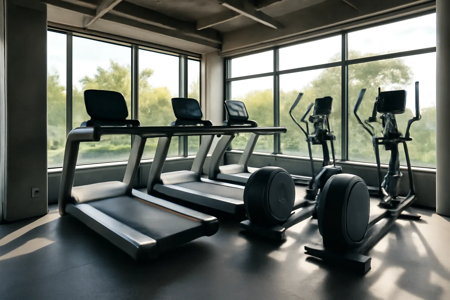 Intérieur d’une salle de sport moderne avec équipements de cardio près de grandes fenêtres